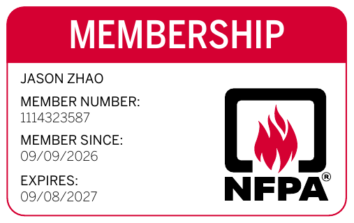 NFPA membership card — Jason Zhao, NFPA Member No. 1114323587, member since 09/09/2026