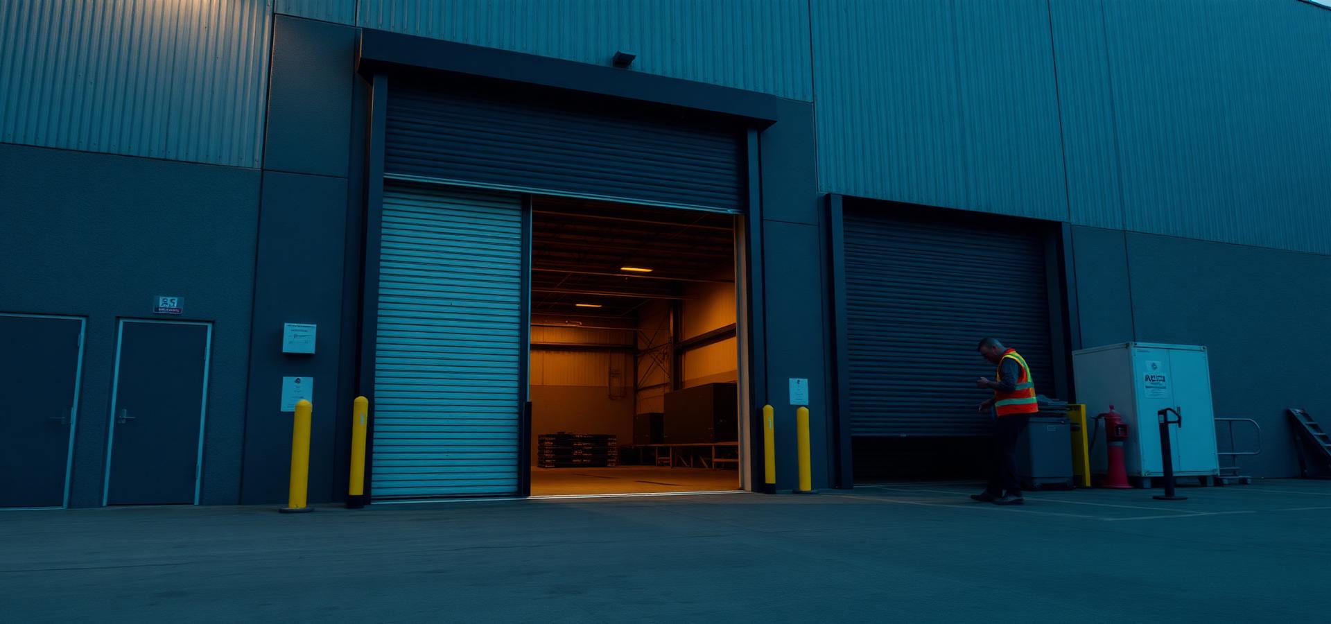 Industrial warehouse loading dock at dusk with high-speed roll-up doors