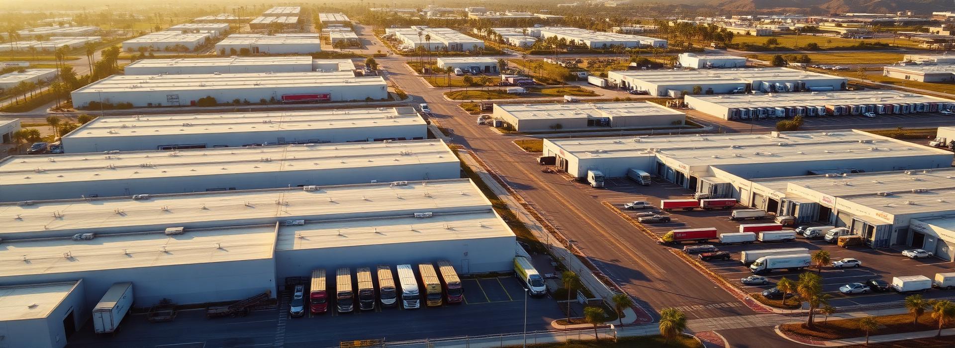 Aerial view of Southern California industrial warehouses and loading docks