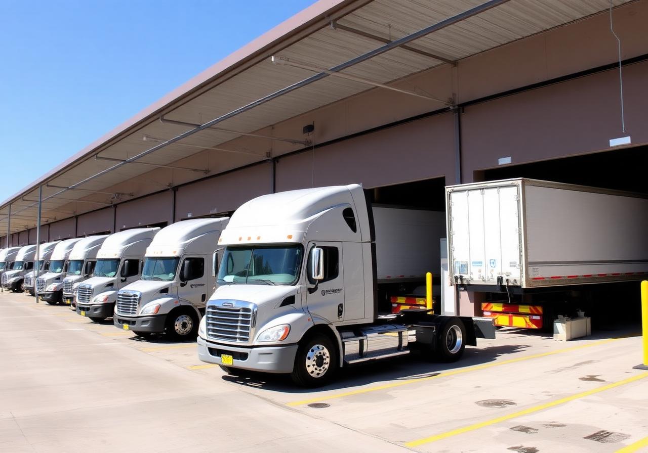Row of semi trucks backed into loading dock bays at a 3PL distribution center