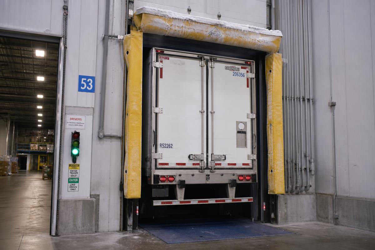 Technician replacing a torn foam pad dock seal at a refrigerated loading dock
