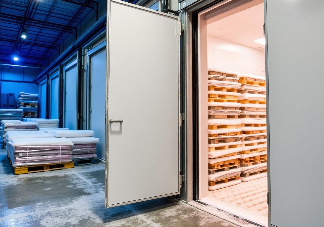 Insulated freezer doors and pallets inside a commercial cold storage facility