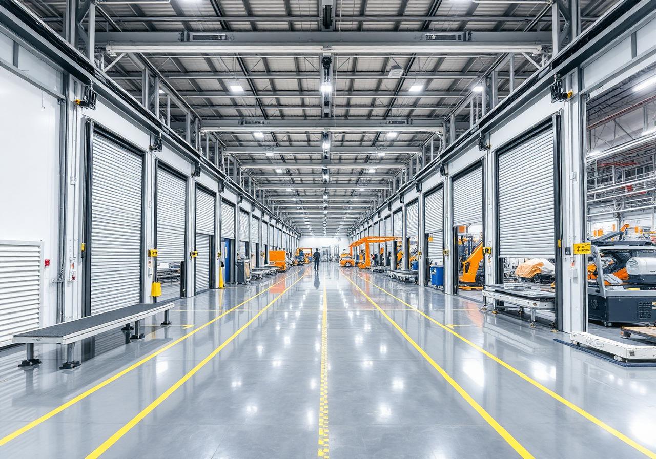 Manufacturing plant aisle lined with high-speed roll-up doors and production equipment