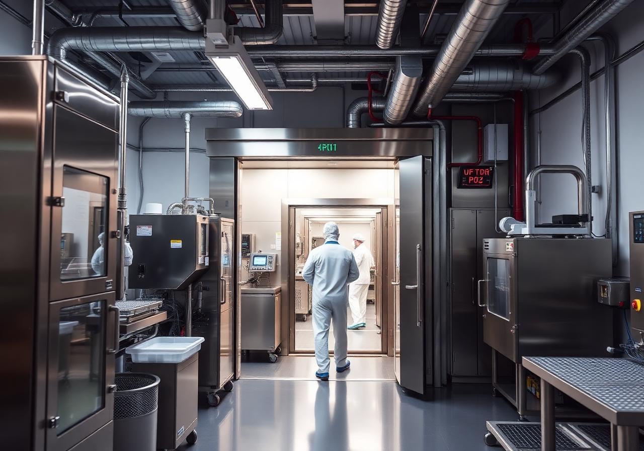 Pharmaceutical cleanroom entry with pressure-rated doors and technicians in coveralls