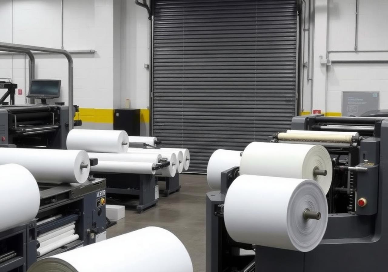 Commercial printing presses with paper rolls near a rolling steel dock door