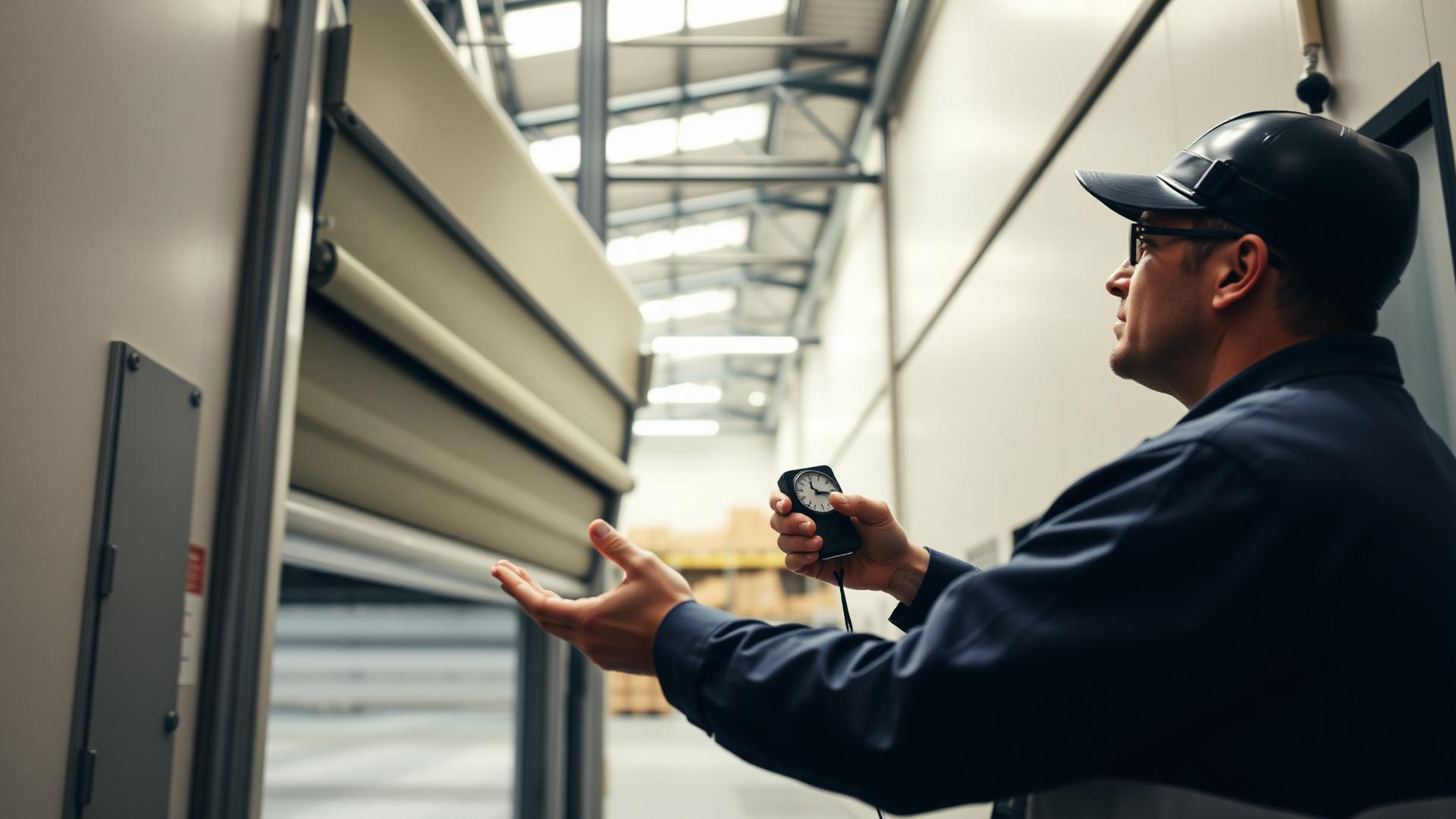 Technician performing a fire door drop test at an industrial facility