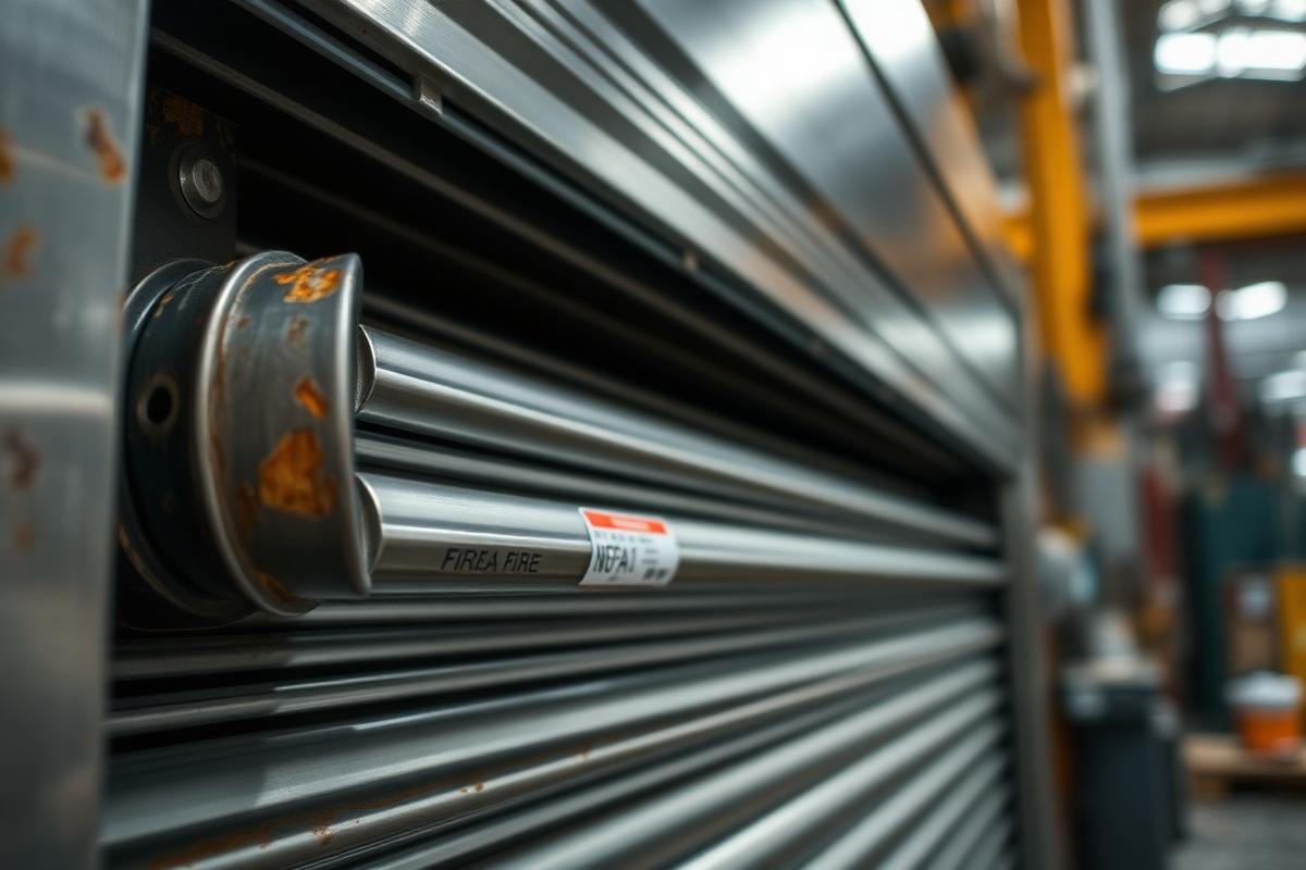 Rolling steel fire door NFPA 80 inspection at a factory