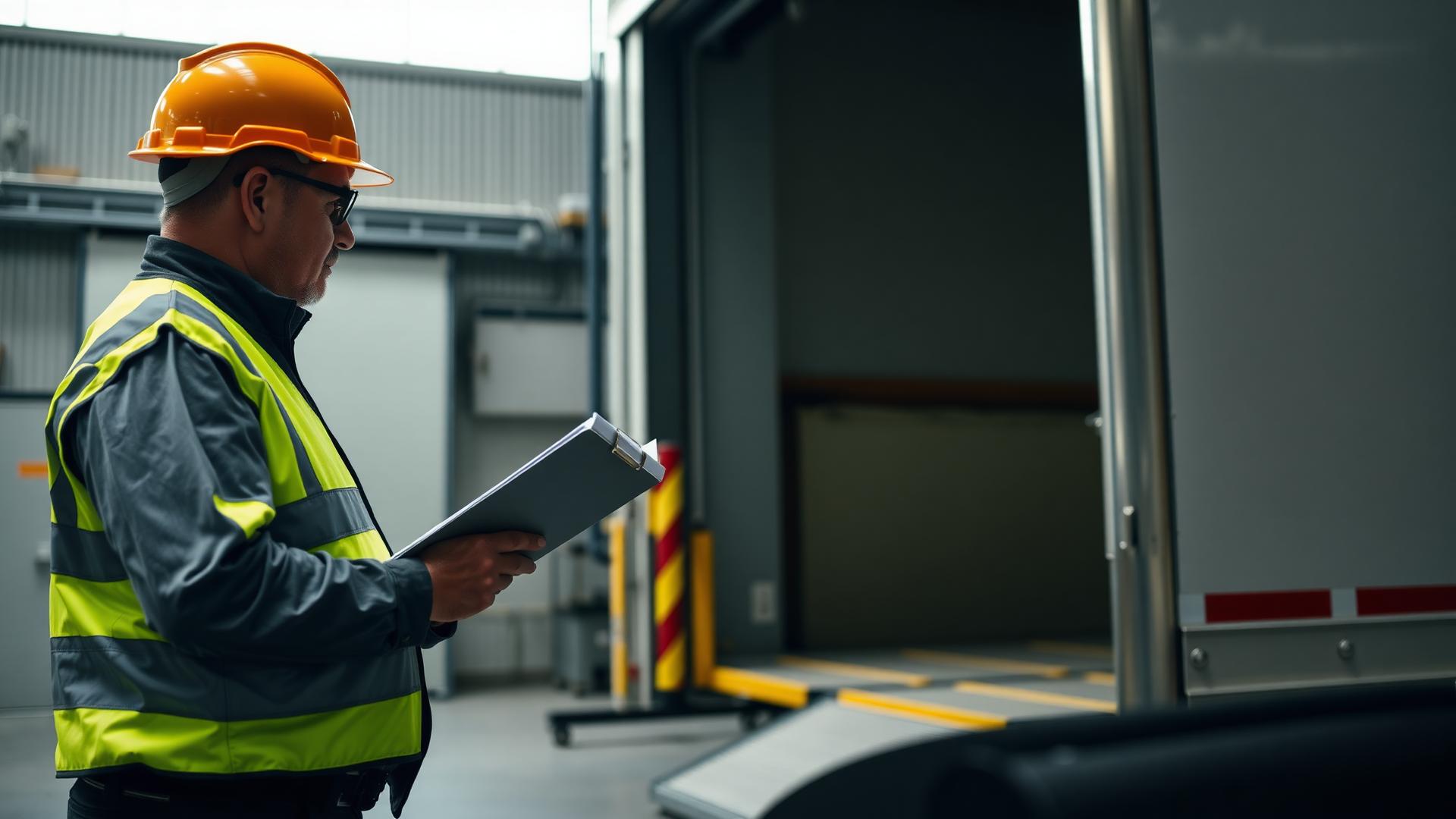 Safety inspector examining a loading dock leveler at a warehouse facility