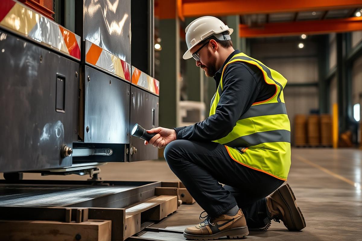 Safety inspector performing an OSHA dock equipment safety inspection with a flashlight