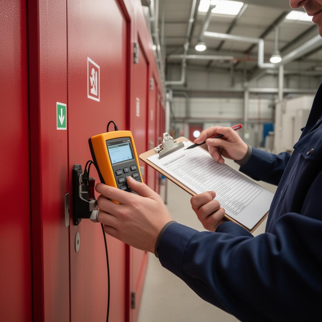 Technician repairing rolling steel door motor and operator