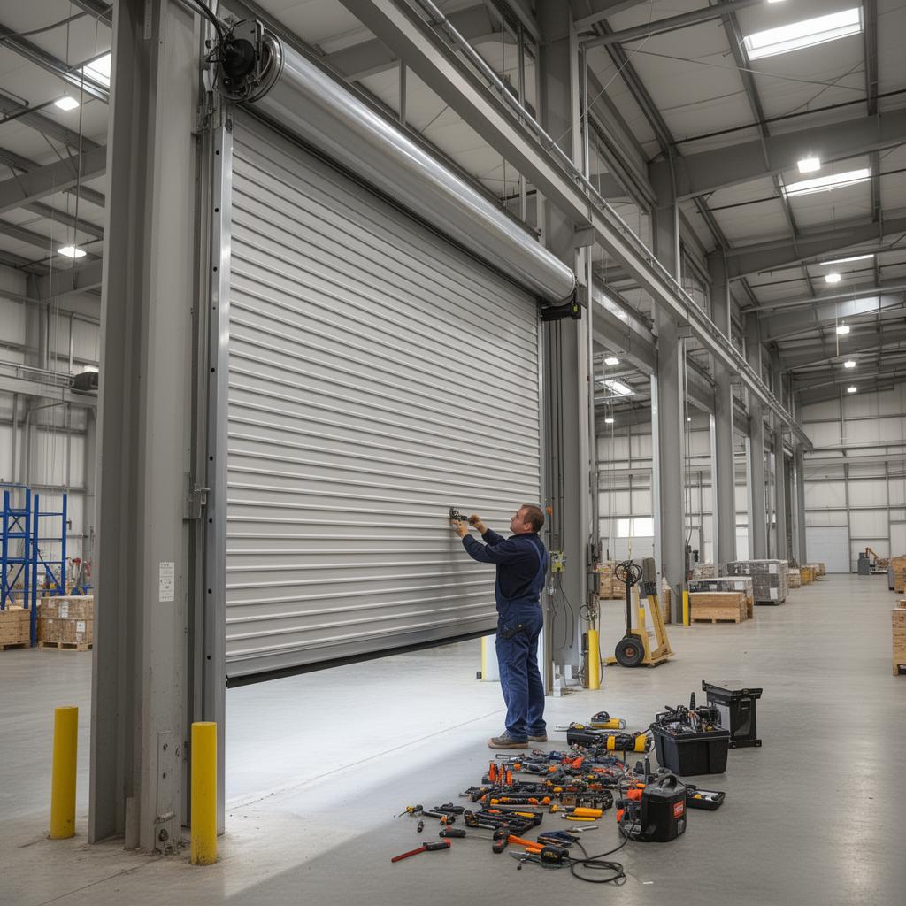 Crew installing high-speed rolling door at warehouse loading bay