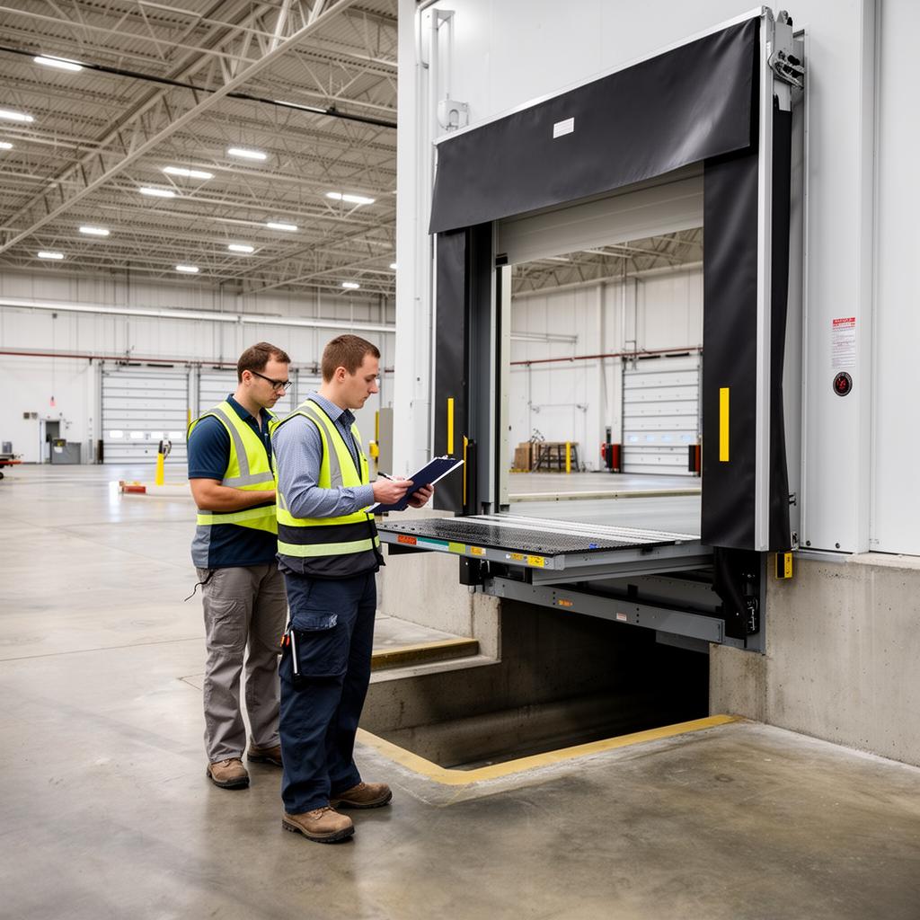 Maintenance technician inspecting loading dock leveler hydraulics