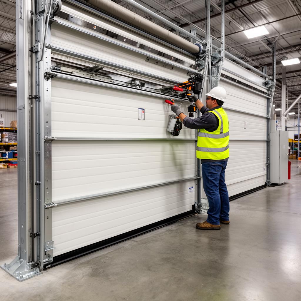 Technician on emergency call repairing commercial overhead door spring