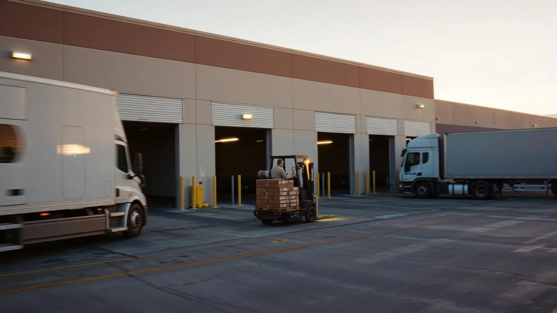 Warehouse loading dock with forklift operator and semi trucks at a Fontana CA distribution center