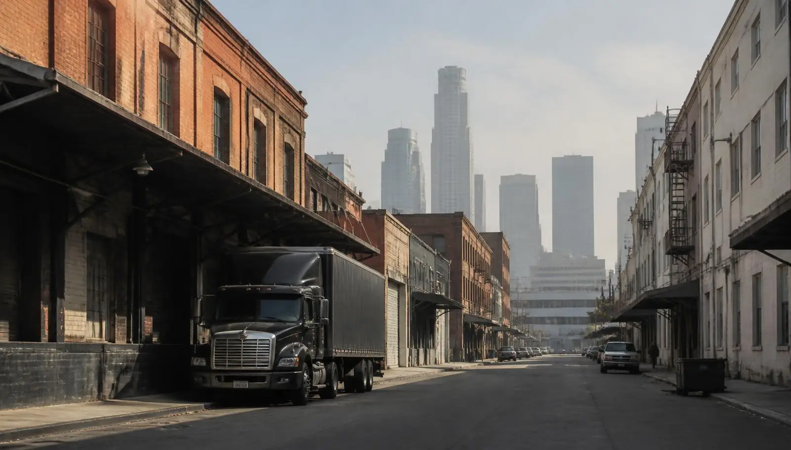 Older warehouse district with brick loading docks in Los Angeles CA