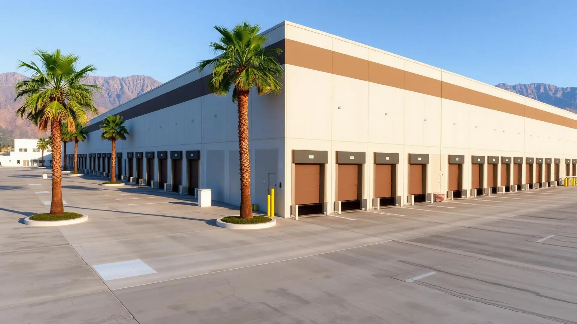 Modern distribution center with a long row of loading dock doors in Rancho Cucamonga CA